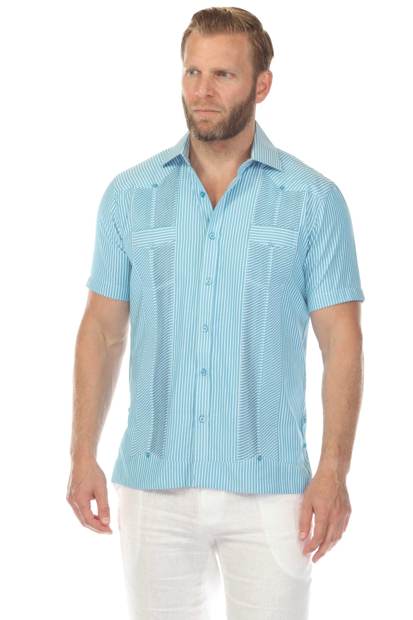 Front view of a man wearing a blue and white striped Men’s Two-Pocket Guayabera Shirt with Micro Textured Print.