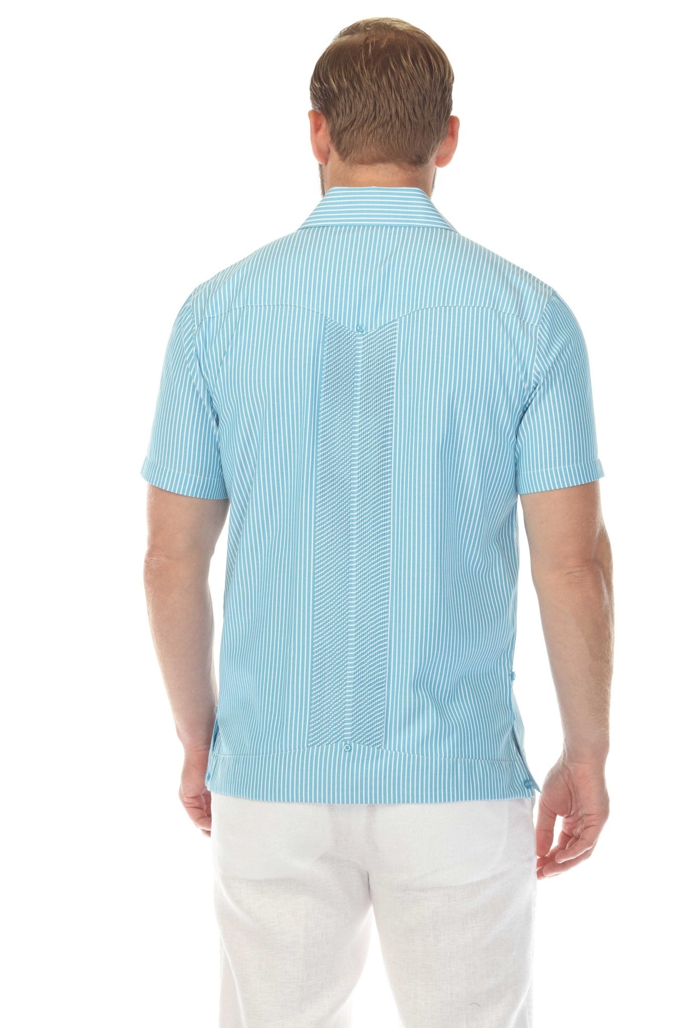 Back view of a man wearing a blue and white striped Men’s Two-Pocket Guayabera Shirt with Micro Textured Print.