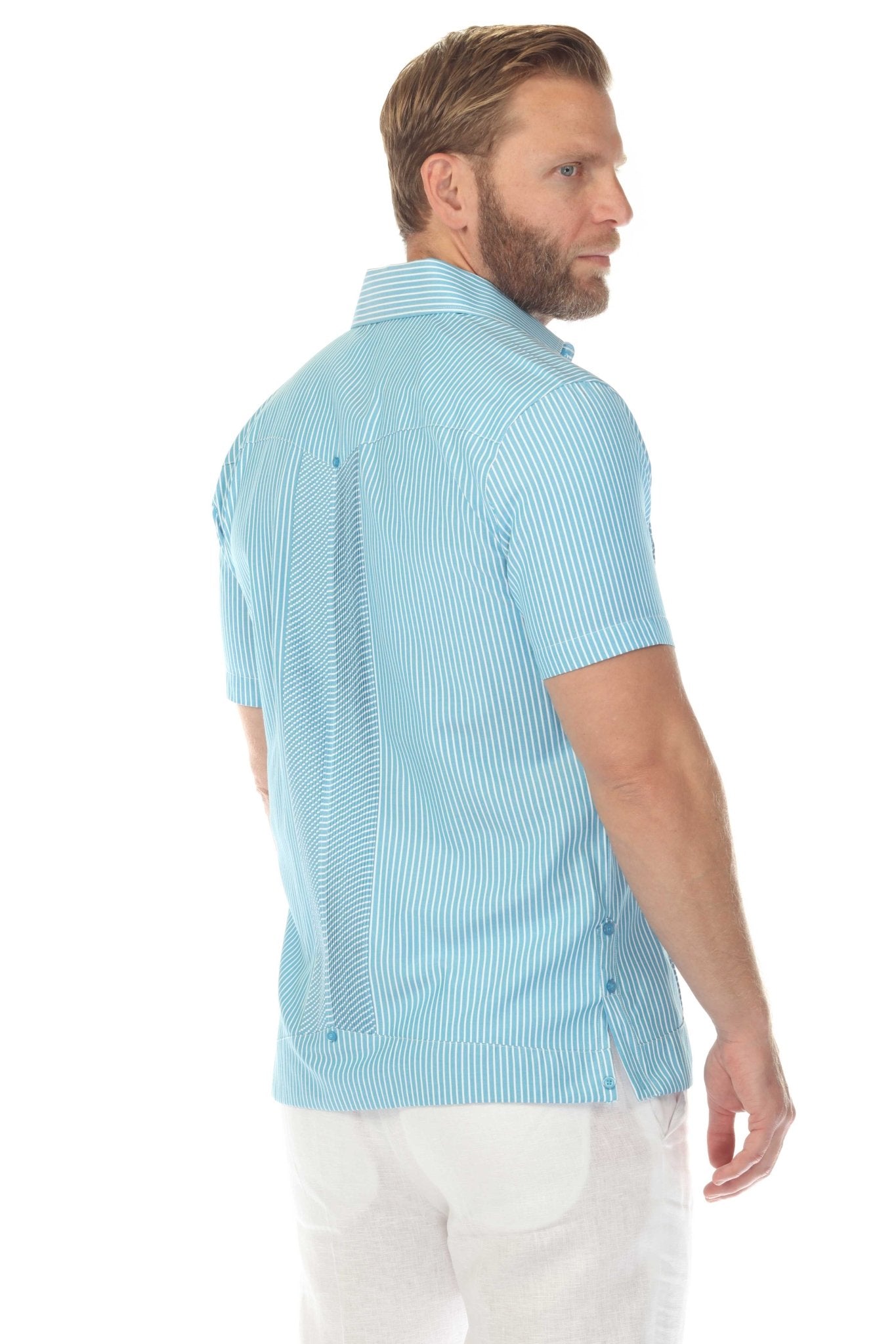 Back view of a light blue striped Men’s Two-Pocket Guayabera Shirt with Micro Textured Print.