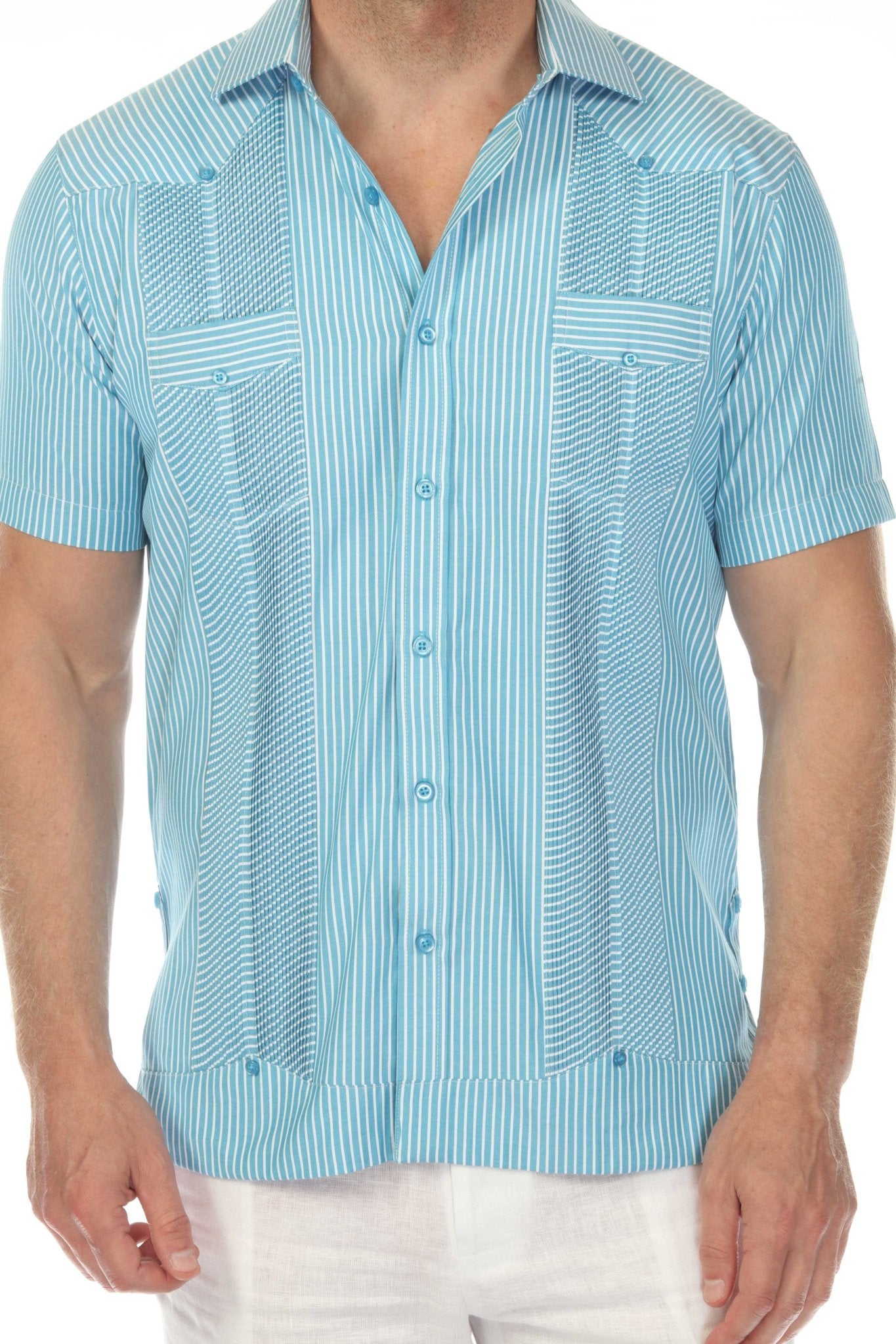 Close-up of a blue and white striped Men’s Two-Pocket Guayabera Shirt showing textured panels.