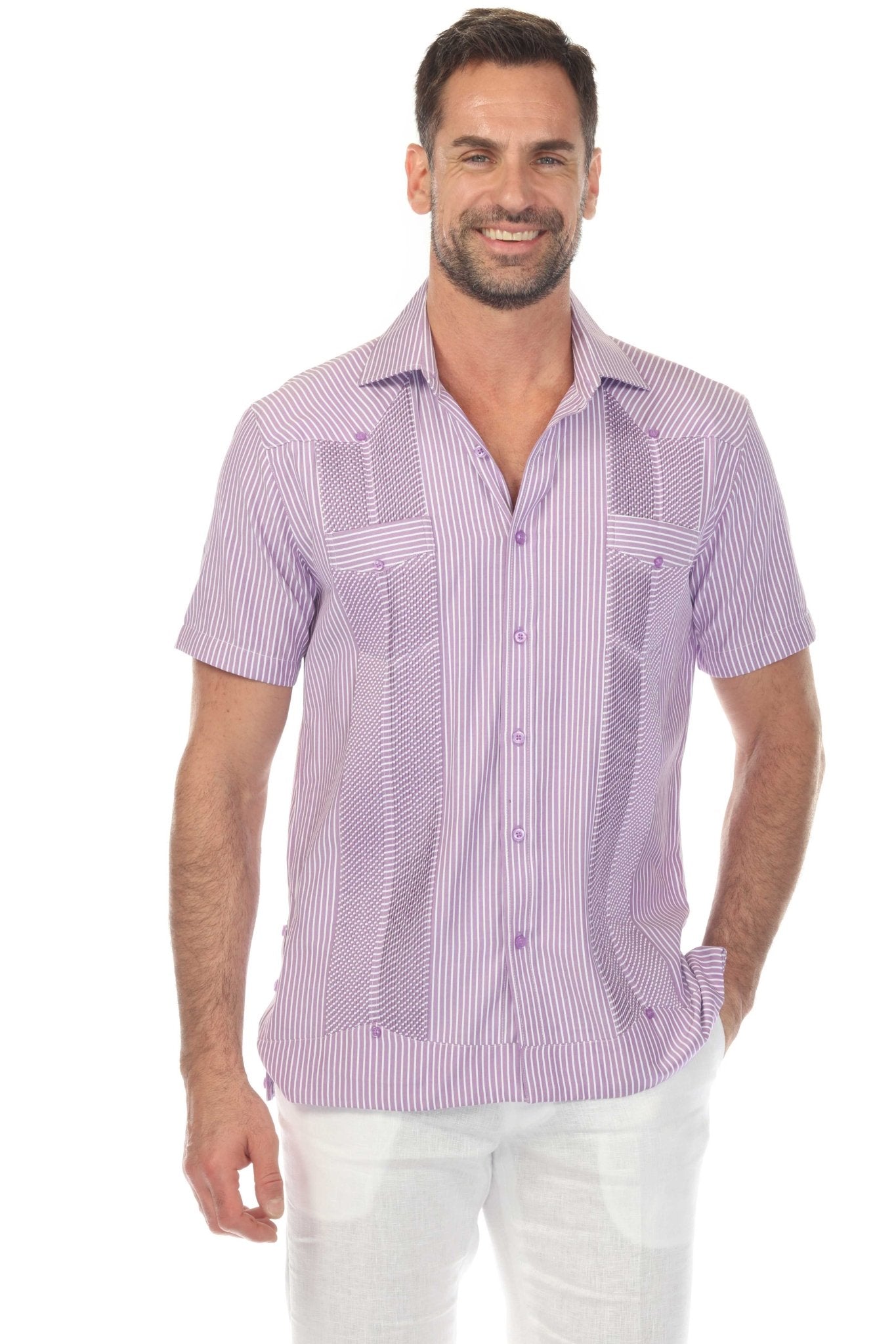 Front view of a smiling man wearing the lilac striped Men’s Two-Pocket Guayabera Shirt with Micro Textured Print.