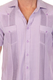 Close-up of a purple and white striped Men’s Two-Pocket Guayabera Shirt with Micro Textured Print.