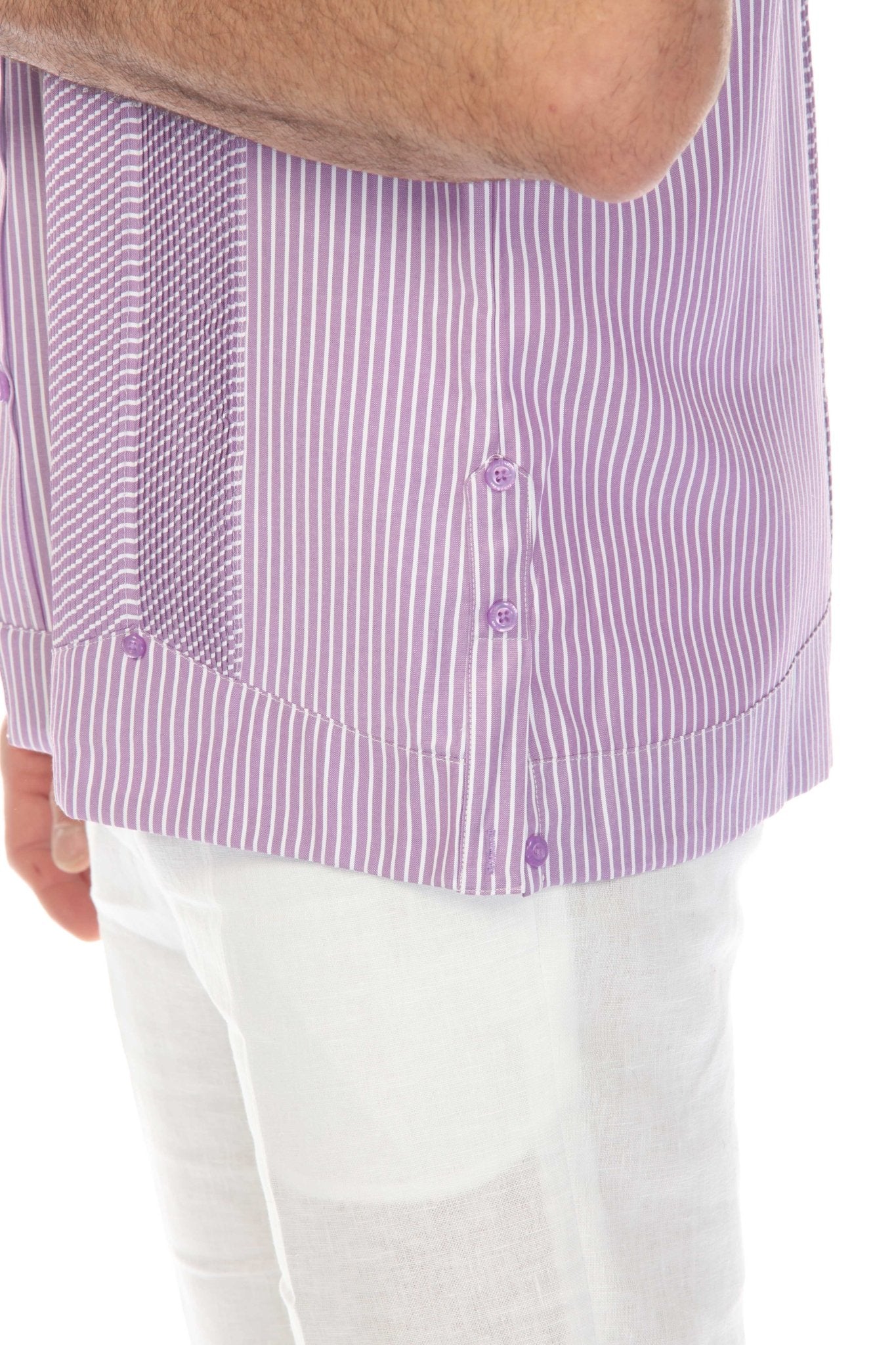 A close-up of a lilac and white striped Men’s Two-Pocket Guayabera Shirt, showing the micro-textured panel.