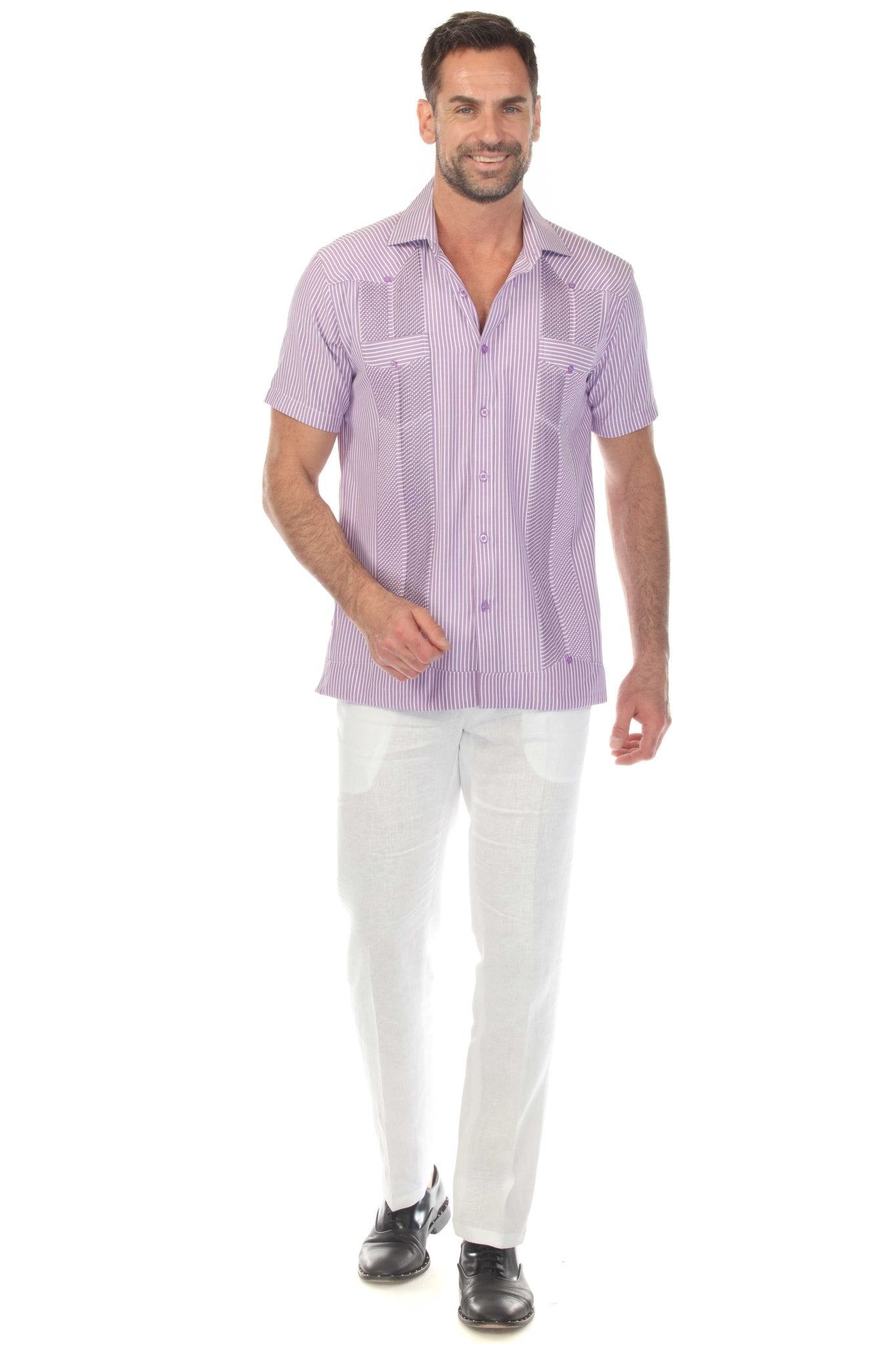 Front view of a man wearing a purple striped Men’s Two-Pocket Guayabera Shirt with Micro Textured Print and white pants.