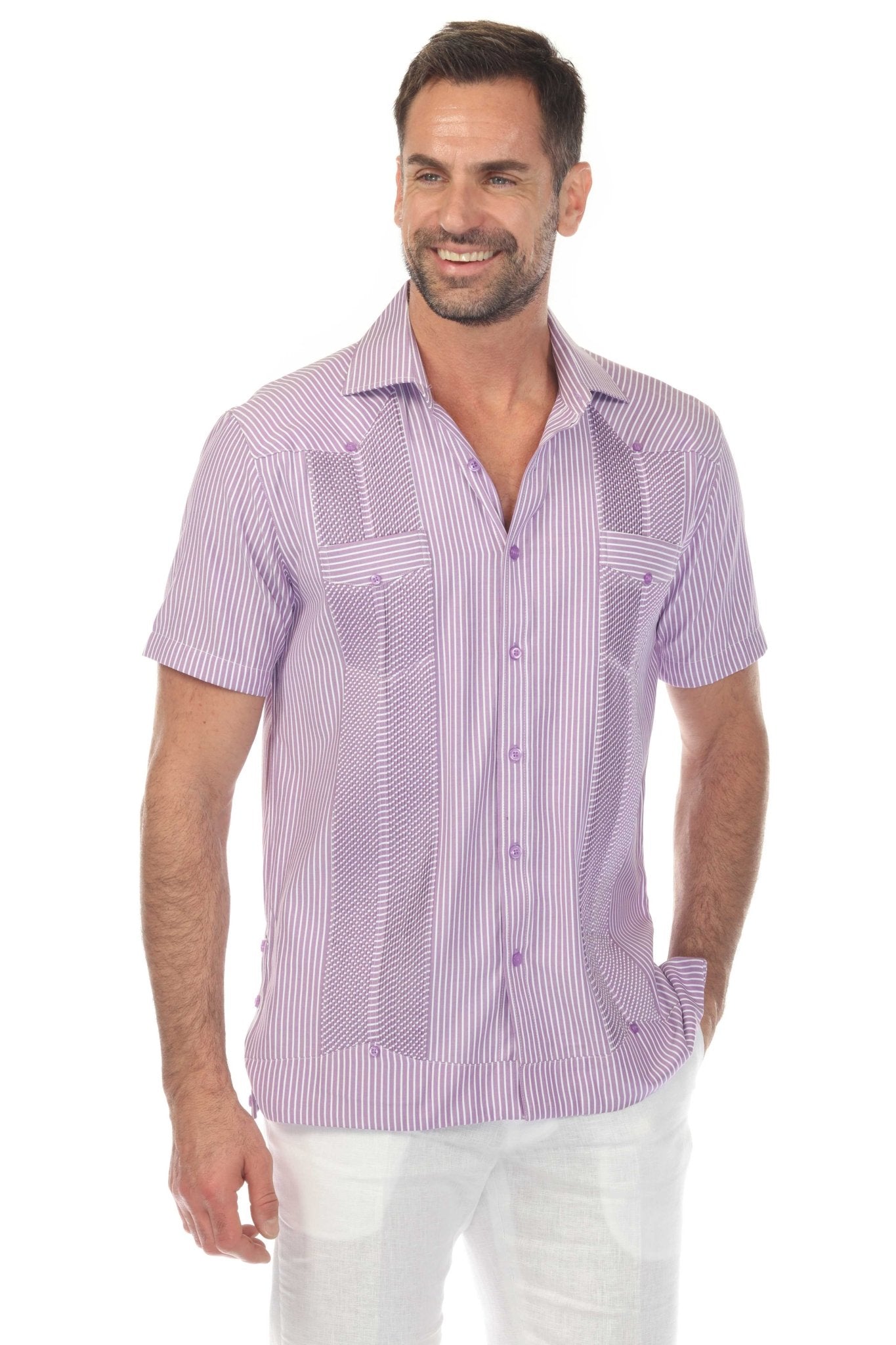 A man models a lavender and white striped Men’s Two-Pocket Guayabera Shirt with Micro Textured Print, front view.
