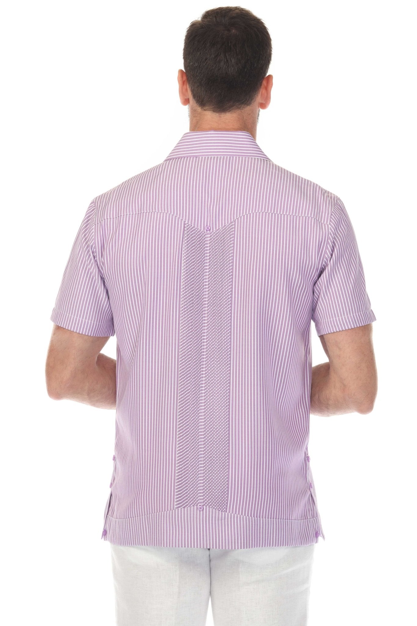 Back view of a man wearing a purple and white striped Men’s Two-Pocket Guayabera Shirt with Micro Textured Print.