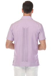 Back view of a man wearing a purple and white striped Men’s Two-Pocket Guayabera Shirt with Micro Textured Print.