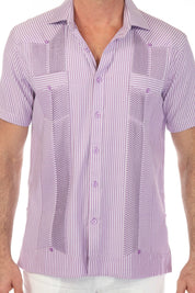 Close-up of a Men’s Two-Pocket Guayabera Shirt with Micro Textured Print, featuring vertical stripes of light purple and white.