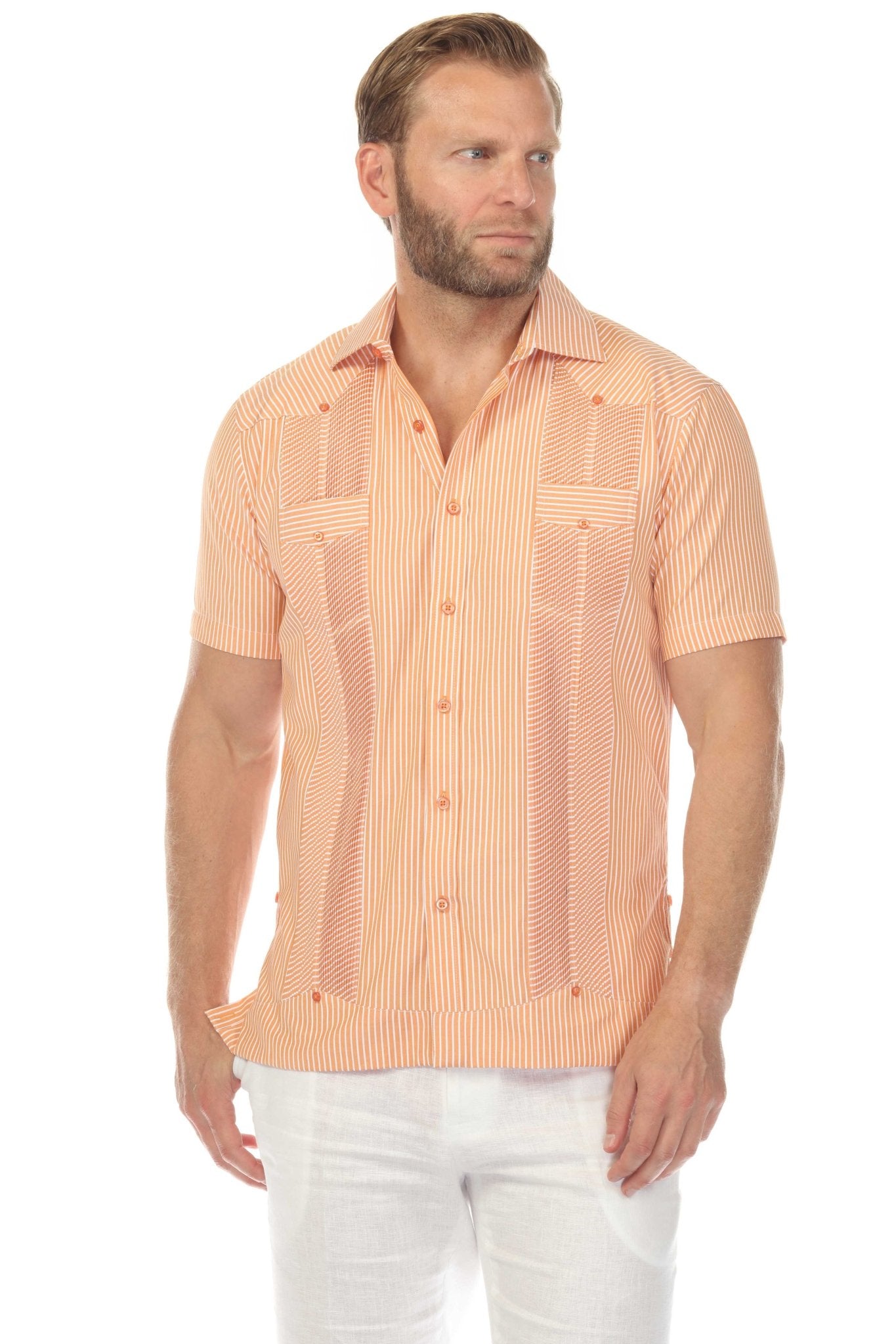 Front view of a man wearing a peach and white striped Men’s Two-Pocket Guayabera Shirt with Micro Textured Print.