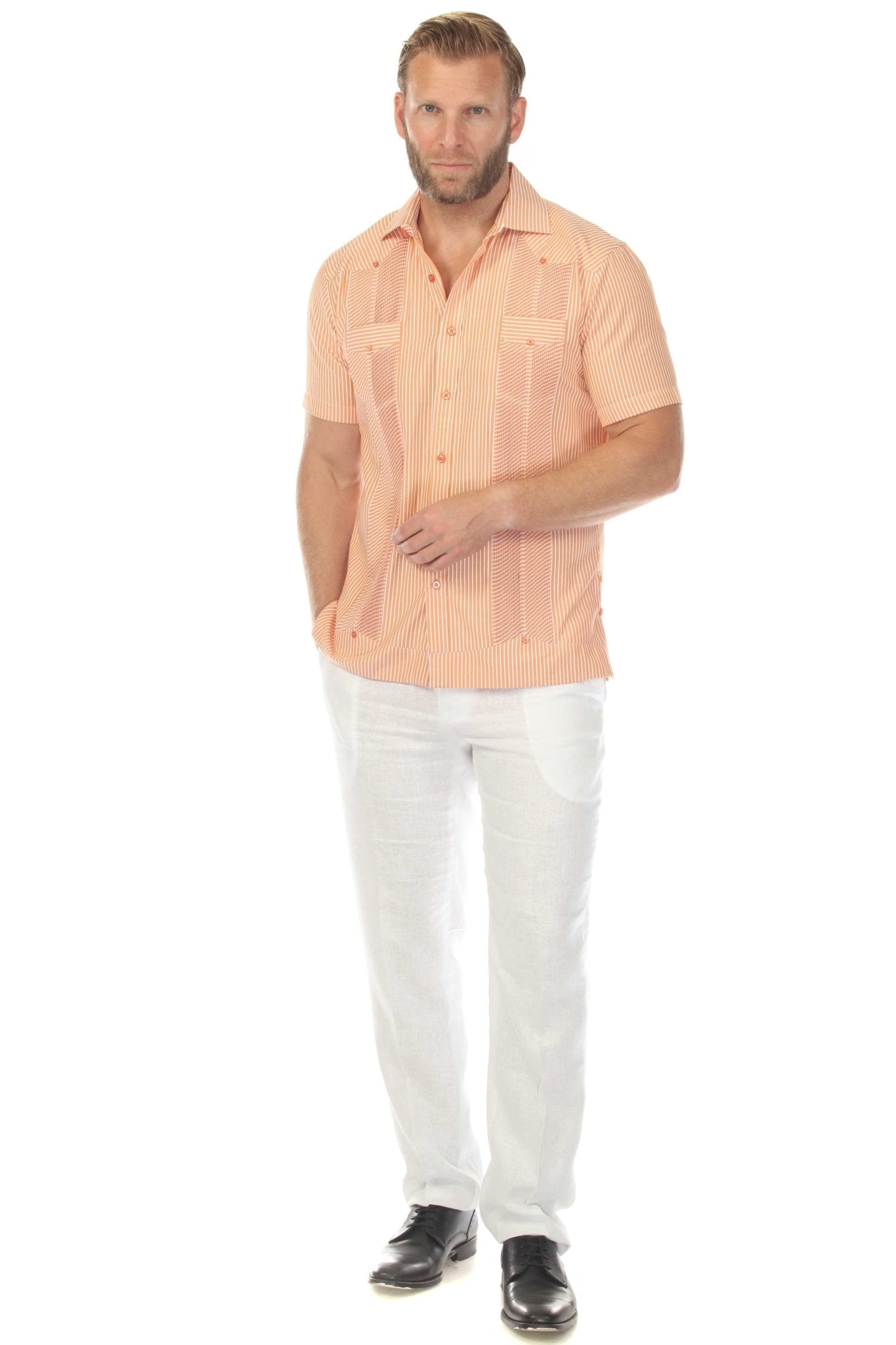 A man wearing a front-facing, orange and white striped Men’s Two-Pocket Guayabera Shirt with Micro Textured Print .