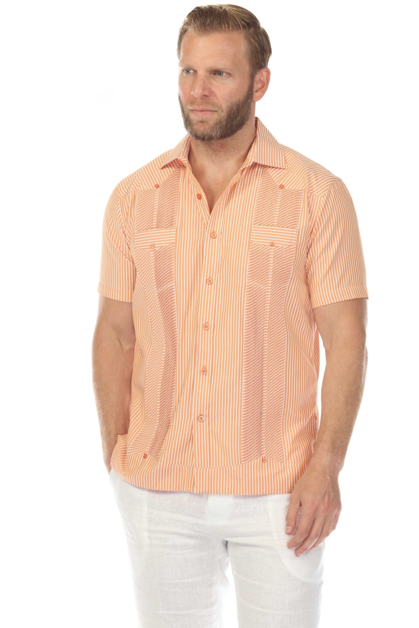 A man wears a peach and white striped Men's Two-Pocket Guayabera Shirt with Micro Textured Print; front view.