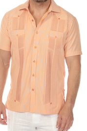 Front view of a striped, orange Men’s Two-Pocket Guayabera Shirt with Micro Textured Print showing both pockets.