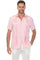 Front view of a smiling model wearing a pink striped Men’s Two-Pocket Guayabera Shirt with Micro Textured Print.