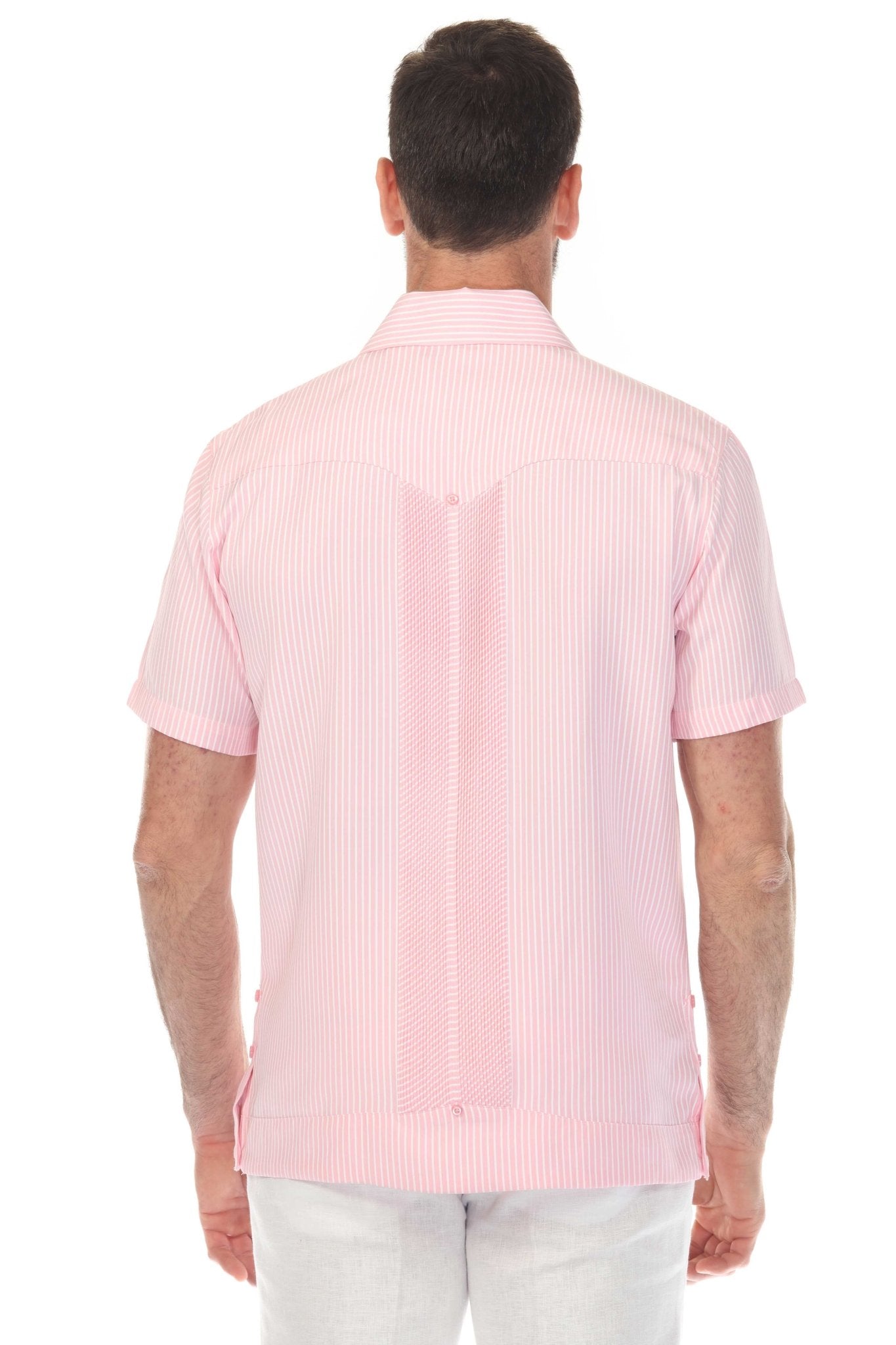 Back view of a pink striped Men’s Two-Pocket Guayabera Shirt with Micro Textured Print.
