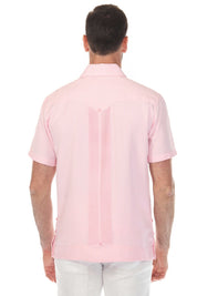 Back view of a pink striped Men’s Two-Pocket Guayabera Shirt with Micro Textured Print.