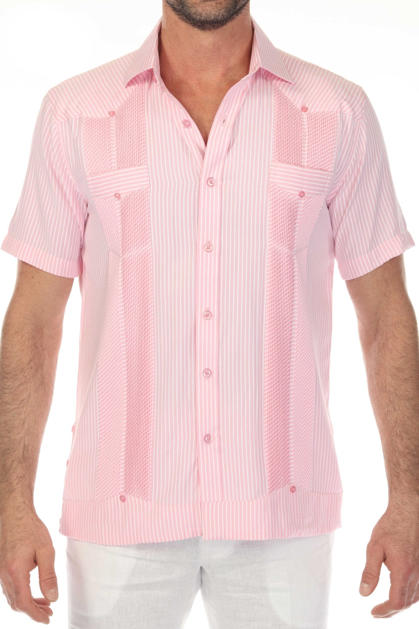 Front view of a pink and white striped Men’s Two-Pocket Guayabera Shirt with vertical micro-textured panels.