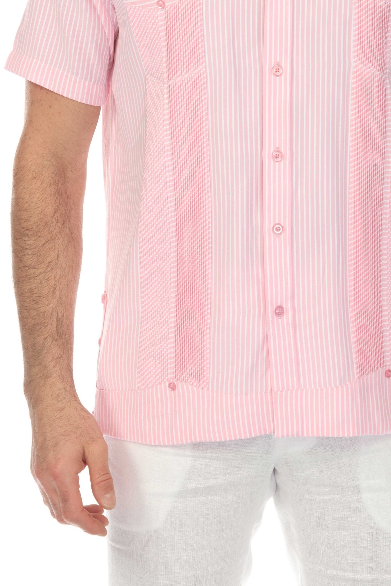 Close-up of a pink and white striped Men’s Two-Pocket Guayabera Shirt with micro textured panels.