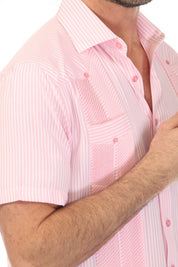 Close up of a pink and white striped Men's Two-Pocket Guayabera Shirt with Micro Textured Print.