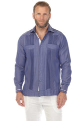 Guayabera de fantasía para hombre con dos bolsillos y ribete en contraste en cuello y puños