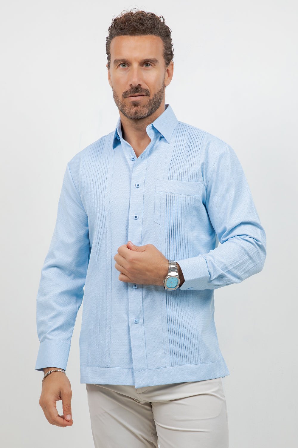 Cotton Blend Guayabera Long Sleeve One Pocket Textured