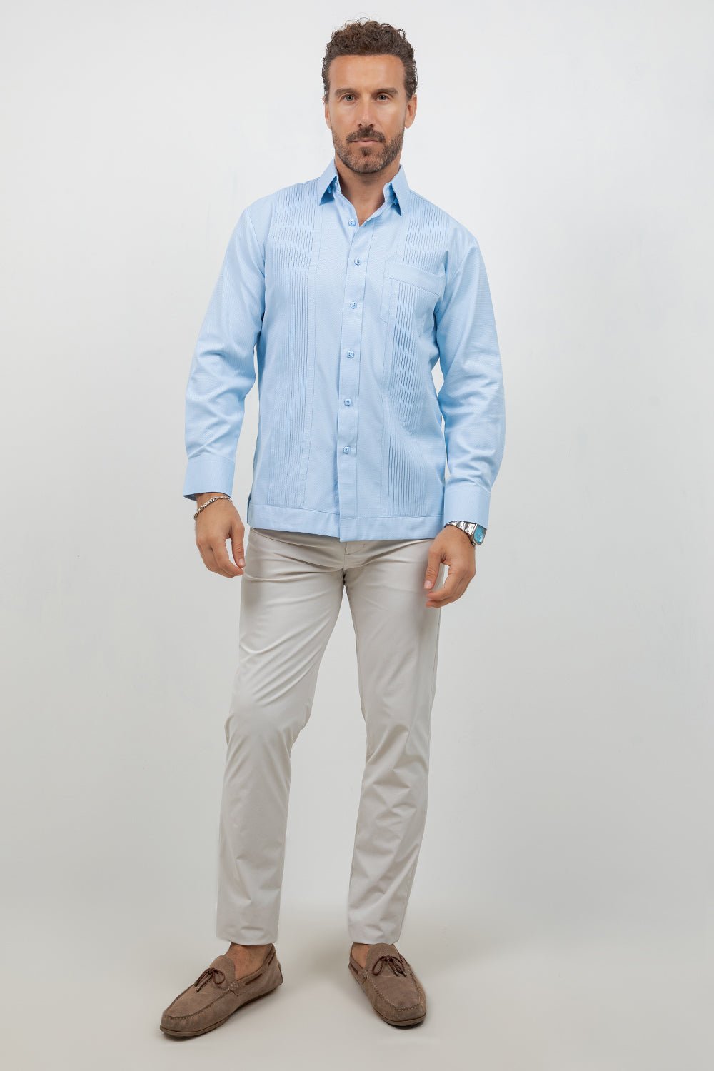 Cotton Blend Guayabera Long Sleeve One Pocket Textured