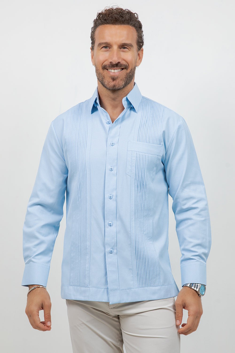 Cotton Blend Guayabera Long Sleeve One Pocket Textured