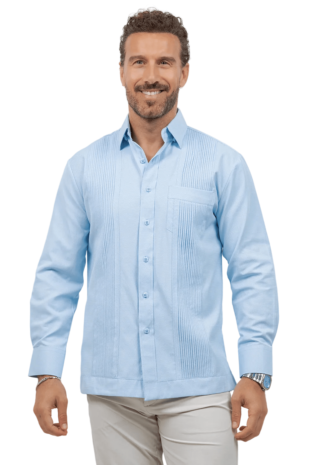 Cotton Blend Guayabera Long Sleeve One Pocket Textured