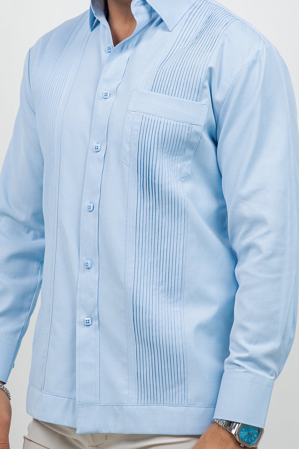 Cotton Blend Guayabera Long Sleeve One Pocket Textured