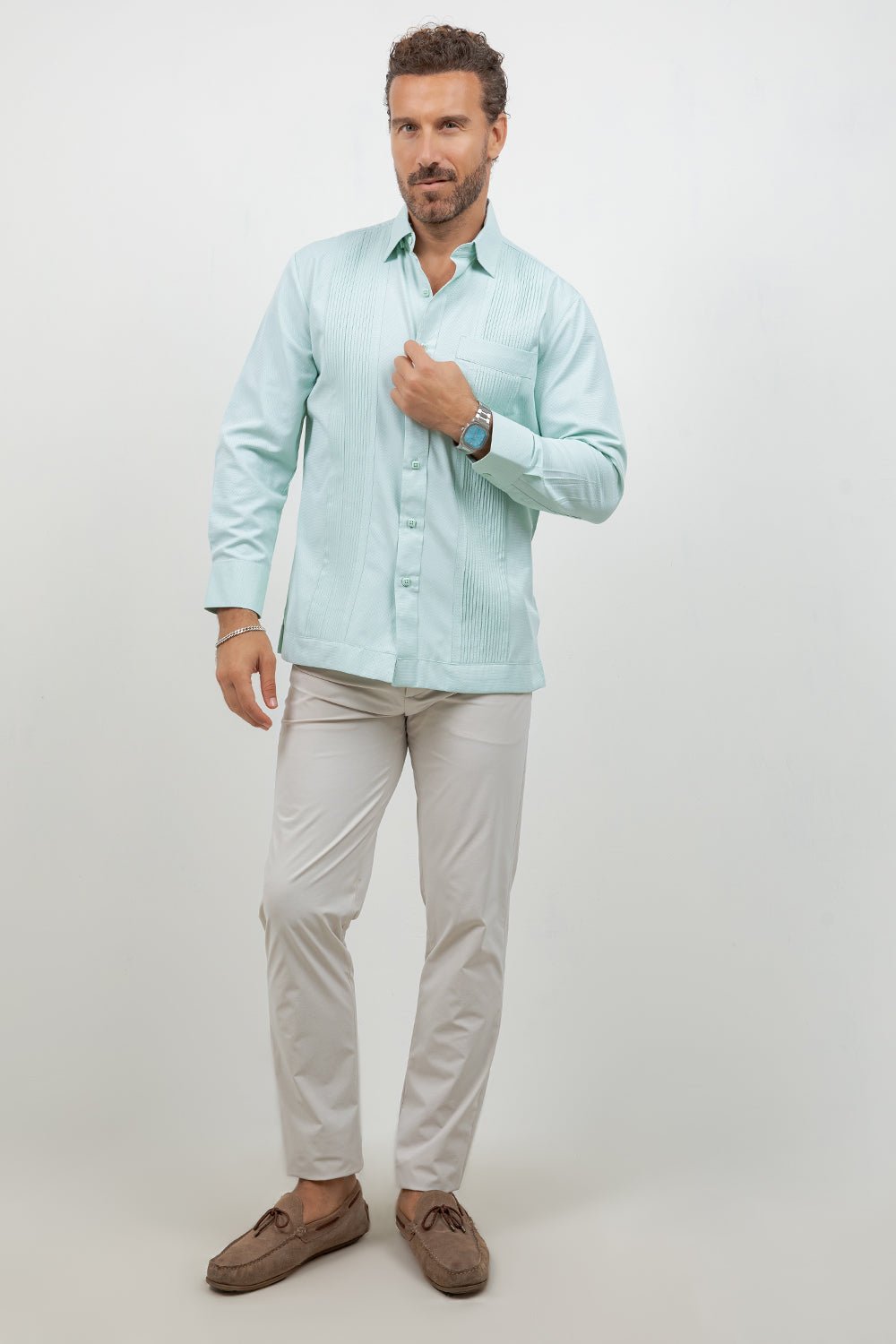 Cotton Blend Guayabera Long Sleeve One Pocket Textured