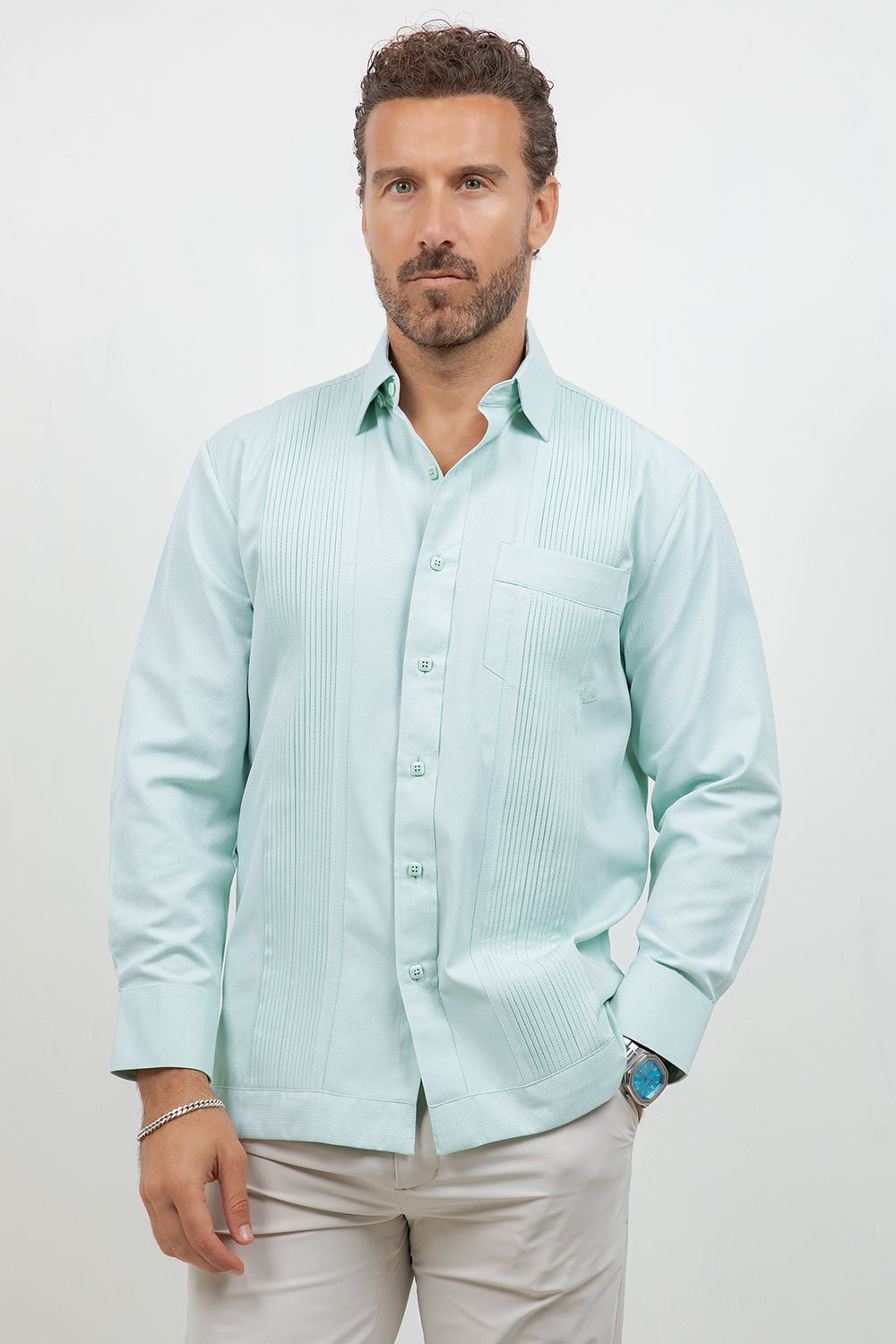 Cotton Blend Guayabera Long Sleeve One Pocket Textured
