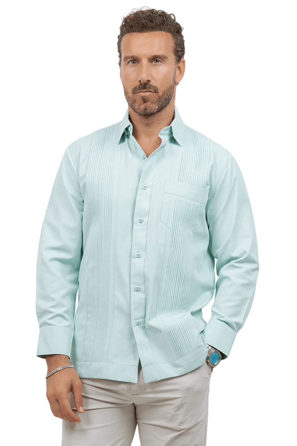 Cotton Blend Guayabera Long Sleeve One Pocket Textured