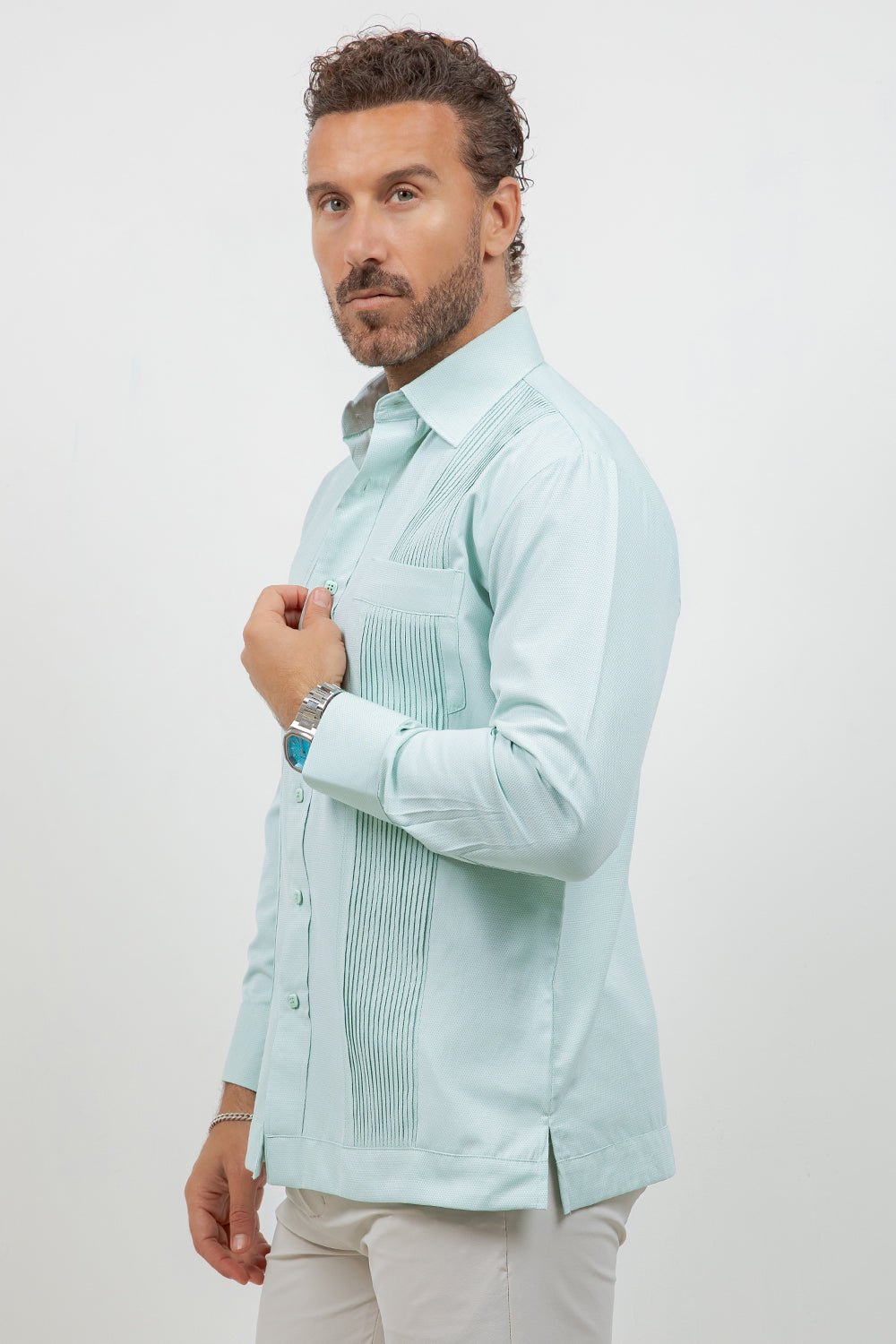 Cotton Blend Guayabera Long Sleeve One Pocket Textured