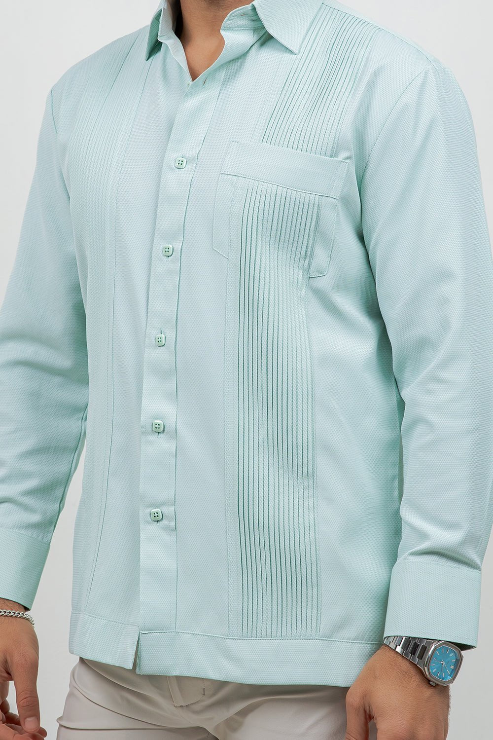 Cotton Blend Guayabera Long Sleeve One Pocket Textured