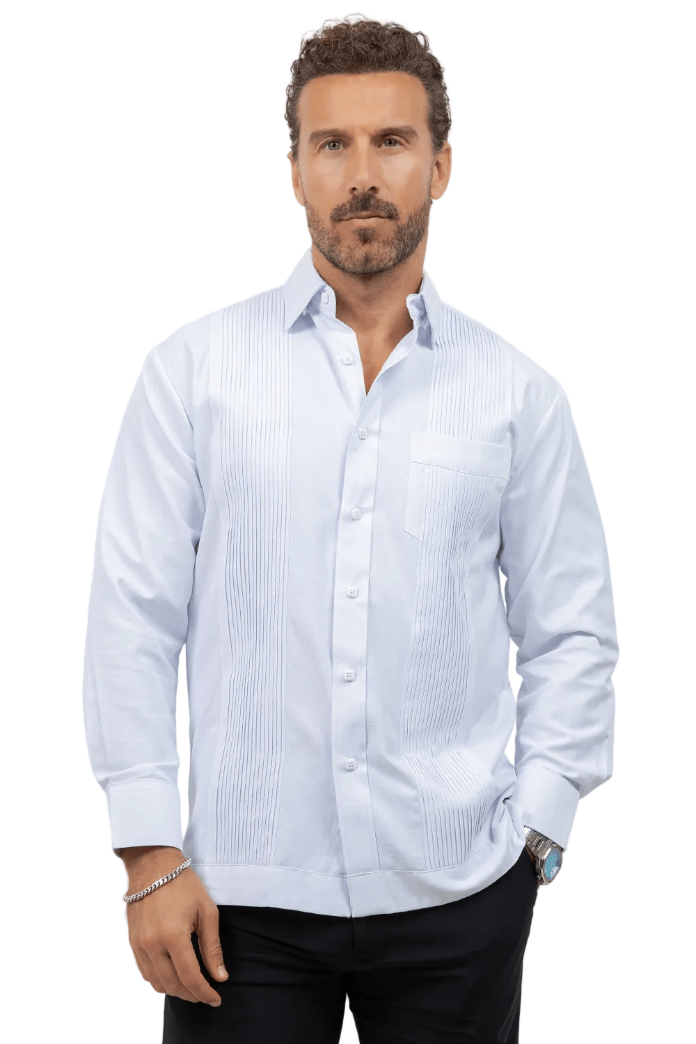 Cotton Blend Guayabera Long Sleeve One Pocket Textured