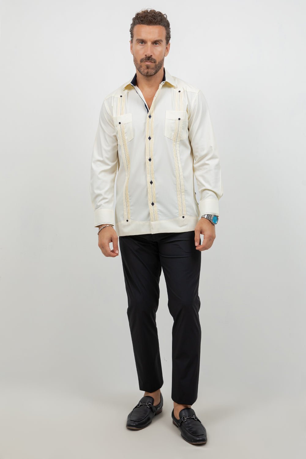 Cotton Blend Guayabera Long Sleeve Two Pocket Contrast Stitching