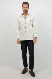 Cotton Blend Guayabera Long Sleeve Two Pocket Contrast Stitching