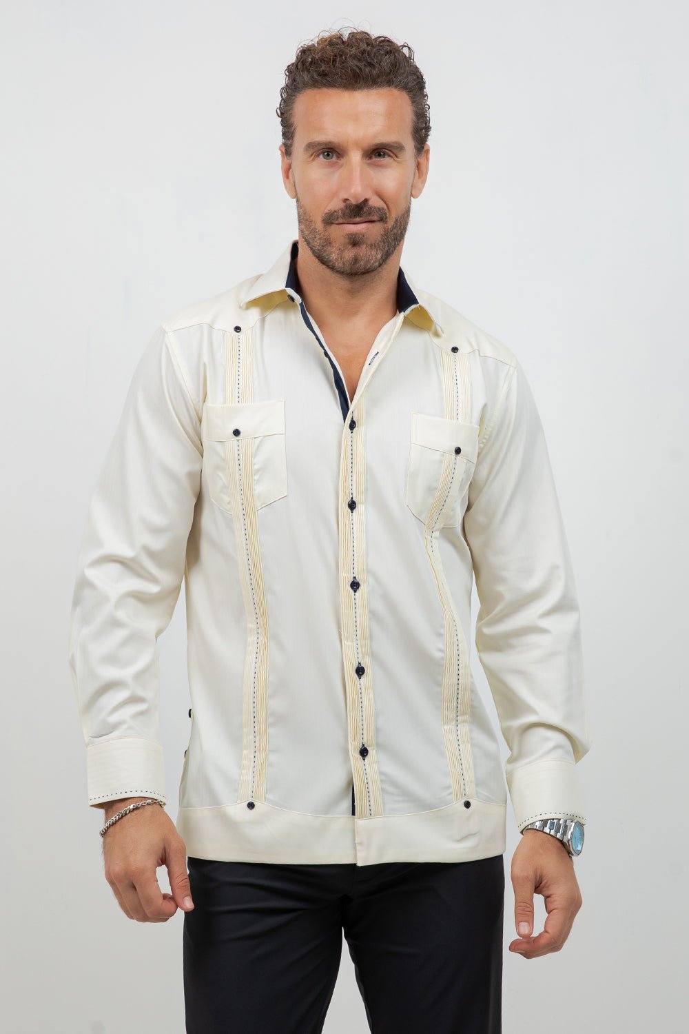 Cotton Blend Guayabera Long Sleeve Two Pocket Contrast Stitching