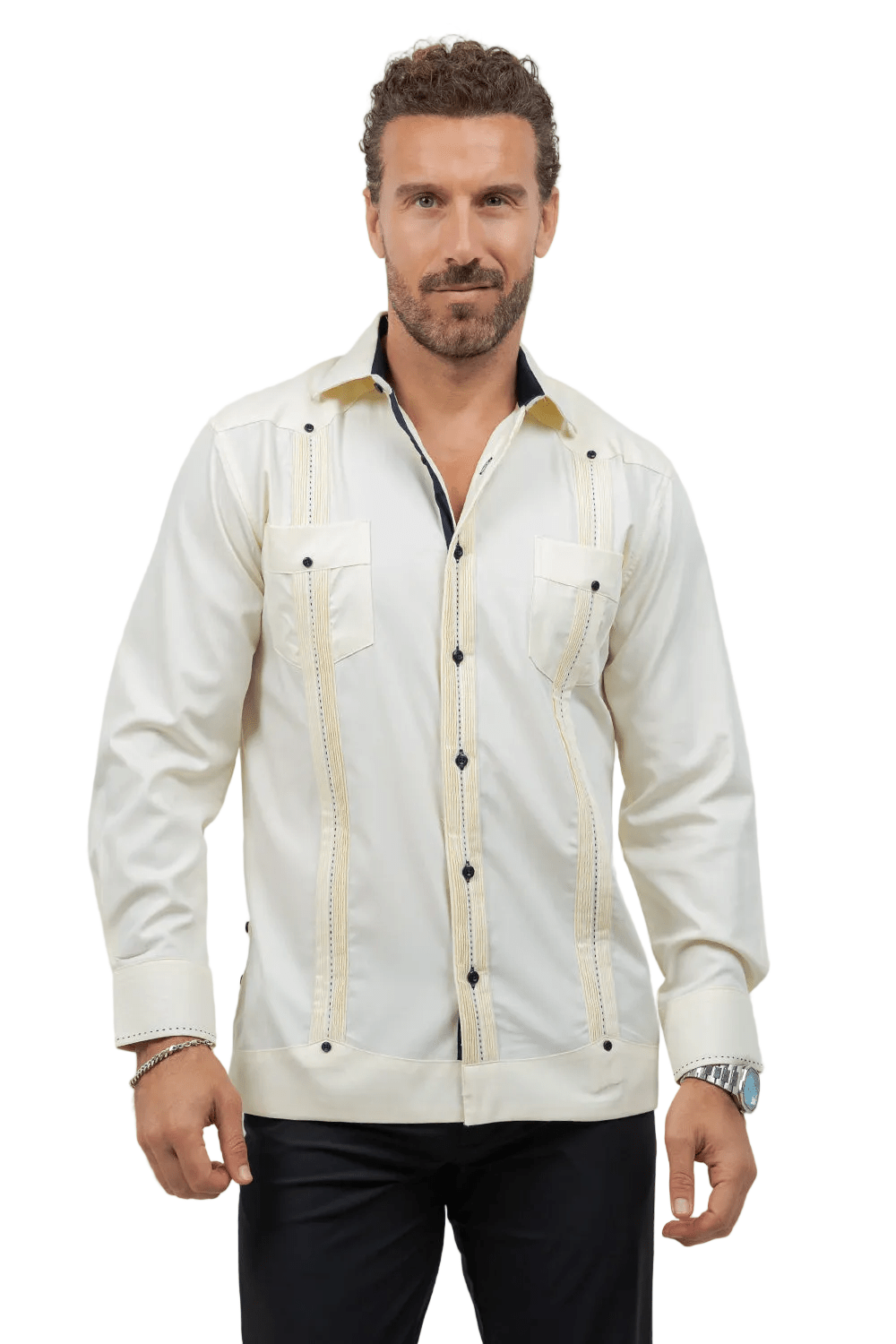 Cotton Blend Guayabera Long Sleeve Two Pocket Contrast Stitching