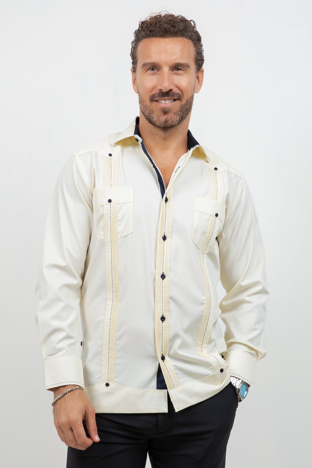 Cotton Blend Guayabera Long Sleeve Two Pocket Contrast Stitching