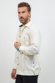 Cotton Blend Guayabera Long Sleeve Two Pocket Contrast Stitching