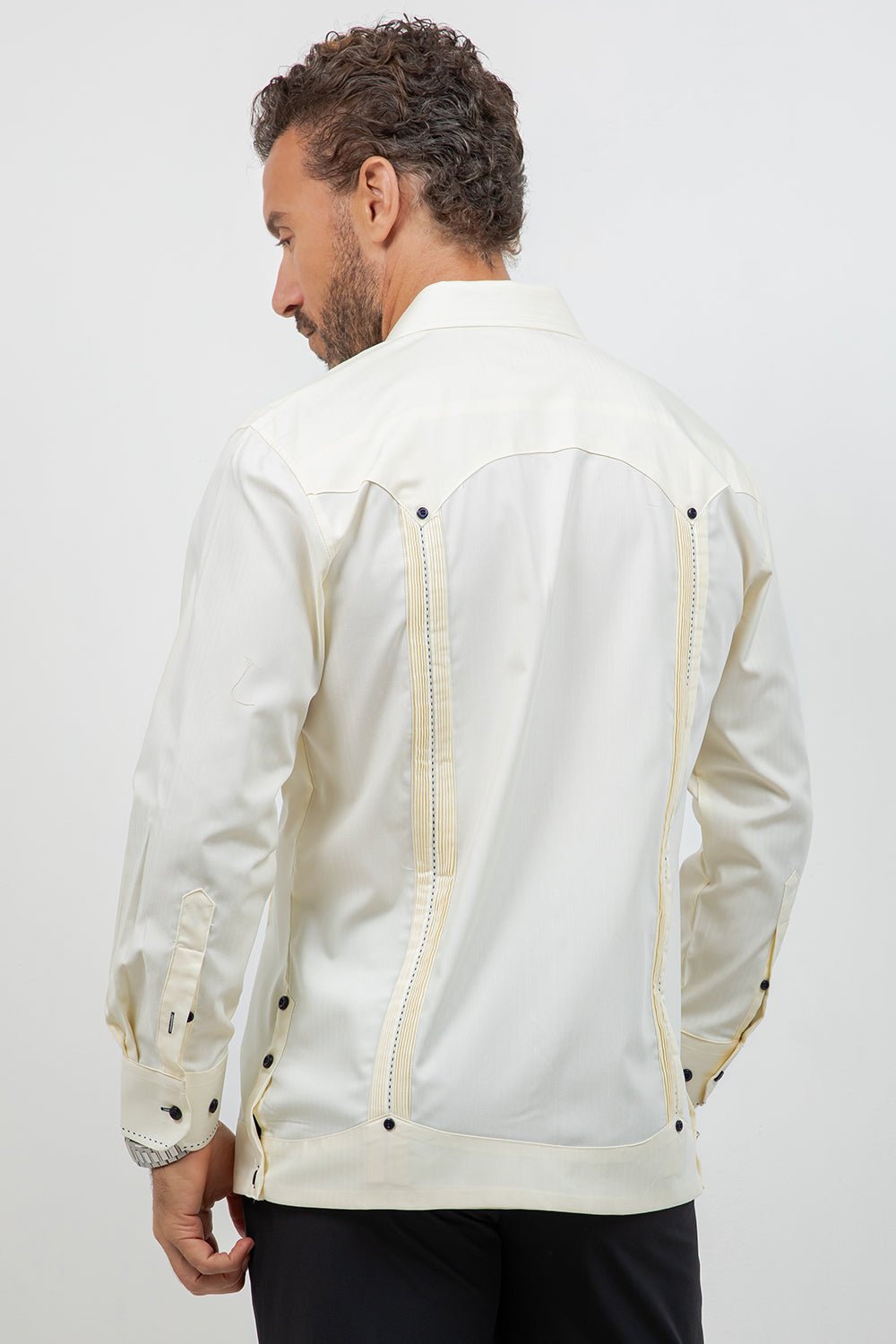 Cotton Blend Guayabera Long Sleeve Two Pocket Contrast Stitching