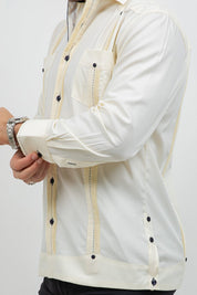 Cotton Blend Guayabera Long Sleeve Two Pocket Contrast Stitching