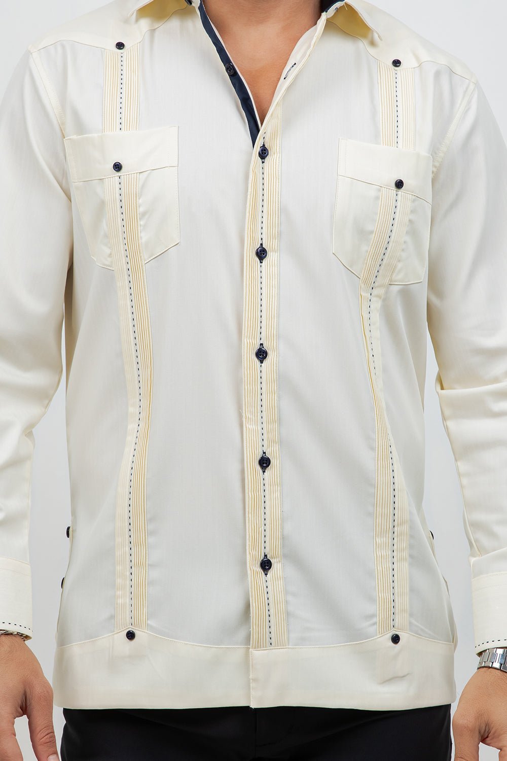 Cotton Blend Guayabera Long Sleeve Two Pocket Contrast Stitching