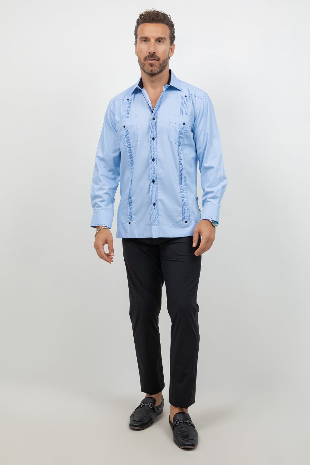 Cotton Blend Guayabera Long Sleeve Two Pocket Contrast Stitching