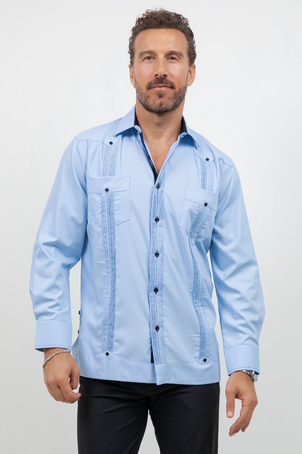 Cotton Blend Guayabera Long Sleeve Two Pocket Contrast Stitching