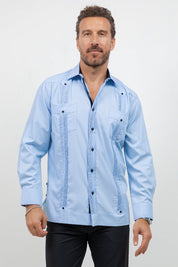 Cotton Blend Guayabera Long Sleeve Two Pocket Contrast Stitching