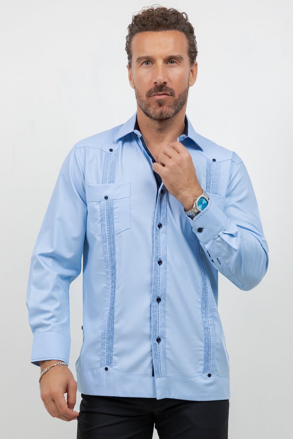 Cotton Blend Guayabera Long Sleeve Two Pocket Contrast Stitching