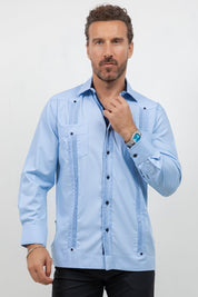 Cotton Blend Guayabera Long Sleeve Two Pocket Contrast Stitching
