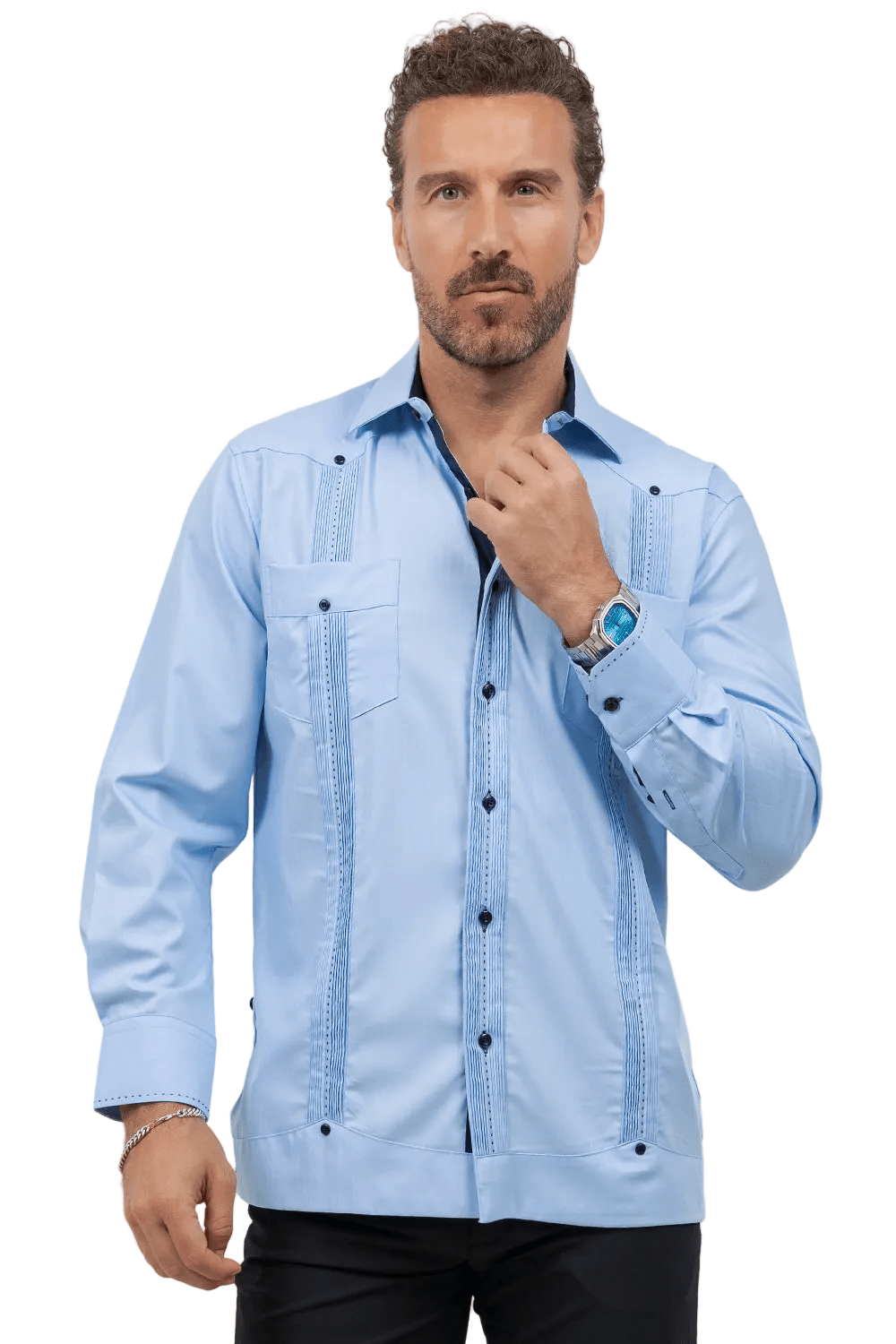 Cotton Blend Guayabera Long Sleeve Two Pocket Contrast Stitching