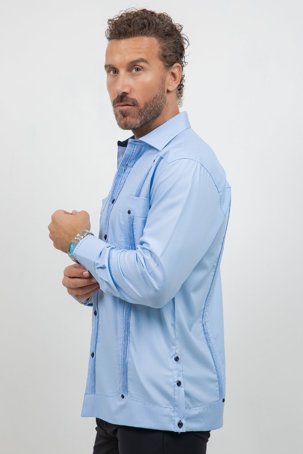 Cotton Blend Guayabera Long Sleeve Two Pocket Contrast Stitching